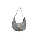 Chic grey hobo shoulder bag with golden S logo and decorative tassel on white background - Blue