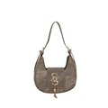 Retro PU leather hobo bag in brownish grey with golden metal logo and fringe detail - Khaki