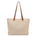 Minimalist beige PU leather tote bag with brown straps and gold metal decorative hardware - White