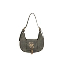 Minimalist crescent moon shoulder bag in grey washed denim fabric with golden S clasp - Gray