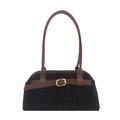 Retro leopard print shoulder bag with brown leather straps and gold metal buckle - Black