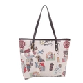 Grande borsa shopper con illustrazioni colorate di Hong Kong e pochette coordinata - Marrone