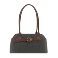 Retro leopard print shoulder bag in dark suede with brown leather straps and gold hardware - Green