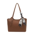 Brown litchi grain tote bag with decorative silk scarf and adjustable shoulder strap - Brown
