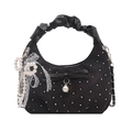 Schicke schwarze Hobo-Handtasche mit Schleifen, Perlen, Spitze und modischem Griff - Schwarz