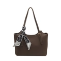 Dark brown lychee texture tote bag with elegant decorative silk scarf for commuting - Brown