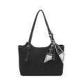 Minimalist black faux leather tote bag with elegant black and white printed silk scarf - Black