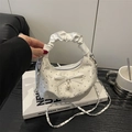White crescent dumpling bag with bow, pearl pendant and floral textured pattern - Champagne Without Accessory