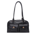 Vintage black oil wax leather shoulder bag with double pockets and gold twist locks - Black
