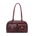 Deep red patent leather square handbag with dual pockets and gold twist locks - Red