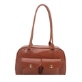 Retro caramel brown faux leather pillow bag with double front flap pockets and gold hardware - Brown