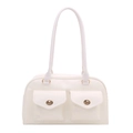 Minimalist cream white shoulder bag with twin gold lock pockets in retro style - White