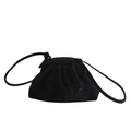 Minimalist black pleated cloud bag with drawstring and thin shoulder strap in matte finish - Black