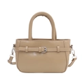 Chic beige PU leather tote bag with silver buckle details and detachable shoulder strap - Khaki