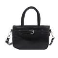 Minimalist black glossy shoulder bag with silver buckle and detachable strap - Black