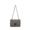 Gray leopard print crossbody bag with silver chain strap and metal buckle in suede texture - Gray