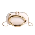 Minimalist white leather clutch evening bag with thick golden metal ring handle - White