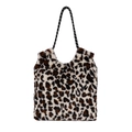 Large leopard print plush tote bag with black and white braided rope handles on white background - White