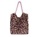 Pink leopard print plush tote bag with soft faux fur and durable woven handles - Pink