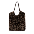 Plush leopard print bucket bag with trendy braided rope handle for women's autumn style - Khaki