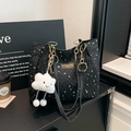 Black tote bag with white star pattern, gold chain strap, and plush cloud charm - With Ornament / Black
