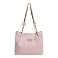 Pink tote bag with silver star patterns and golden chain strap on white background - Pink
