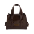 Borsa a mano marrone scuro in pelle cerata con scritte dorate e manico superiore fisso - Marrone