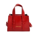 Elegante borsa a mano rossa capiente in pelle lucida con scritta decorativa - Rosso