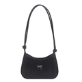 Minimalist black leather hobo bag for women with elegant silver bow decoration - Black