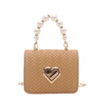 Chic woven crossbody bag with heart-shaped metal clasp and elegant pearl handle - Khaki