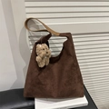 Brown suede hobo shoulder bag with a cute plush dog charm and wide leather strap - Coffee (With Pendant)