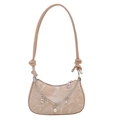 Minimalist beige moon-shaped leather bag with letter pattern and silver metal chain - Khaki