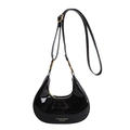 Minimalist black patent leather crescent shoulder bag with golden zipper and strap - Black