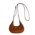 Glossy brown crescent shoulder bag with golden hardware and fashion lettering - Brown