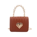 Brown woven crossbody bag with golden heart lock and elegant pearl bead handle - Brown