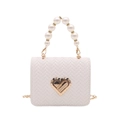 White woven texture mini handbag with pearl top handle and gold heart lock - White