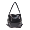 Versatile black glossy leather tote bag with silver zippers and adjustable straps - Black