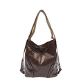 Dark brown retro faux leather tote bag with dual zipper accents and kangaroo charm - Brown