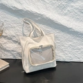 Minimalist beige nylon ita-bag with transparent window and metal zipper details - No Pendant / White