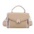 Beige canvas and PU leather handbag with dual silver zippers and structured top handle - Khaki