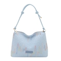Hellblaue Schultertasche aus Kunstleder mit Steppmuster und bunter Wellenstickerei - Blau