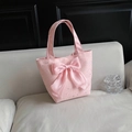 Pink canvas tote bag with large silk bow and silver star print for casual elegance - With Bow / Pink