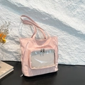 Pink nylon tote bag with transparent PVC window and decorative zippers for display - Pink Without Pendant