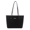 Chic black leopard print tote bag with gold hardware and slim straps on white background - Black