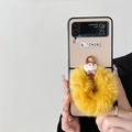 Cross-grain leather case for Samsung Z Flip with a large yellow fluffy pompom and charm - Gold (Fine Leather Grain-Plush Ring) / Samsung ZFlip3