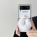 White leather case for Samsung Z Flip with plush ring and cute cartoon patch - White (Cross Grain-Plush Ring) / Samsung ZFlip3