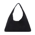 Large black suede tote bag with vertical stitching and spacious interior for commuting - Black