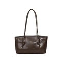 Minimalist dark brown leather tote bag with long shoulder straps and gold hardware details - Brown