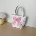 White fabric tote bag with silver star patterns and a large glossy pink bow detail - With Bow / White