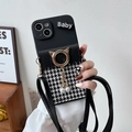 Crossbody iPhone case with houndstooth card slot, gold cat ring, and pearl tassel detail - Houndstooth Cat Ear Style (With Lanyard) / iPhone 7/8/SE 2020